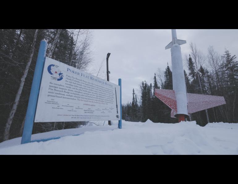 A sign along the Steese Highway marks the entrance to the Poker Flat Research Range, which the University of Alaska Fairbanks Geophysical Institute owns and operates under a contract with NASA. GI/UAF photo by Bryan Whitten